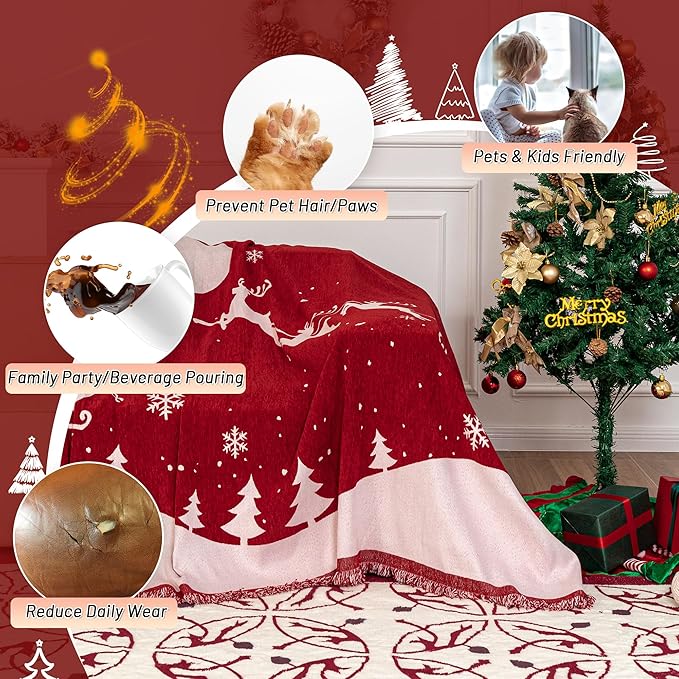MYSKY HOME Sofa Cover Couch Covers for Sofa, Couch Sofa Covers for 3 Cushion Couch Sofa, Non Slip Soft Couch Sofa Cover, Couch Cover for Dogs Washable Furniture Protector, 71"x134", Christmas Red