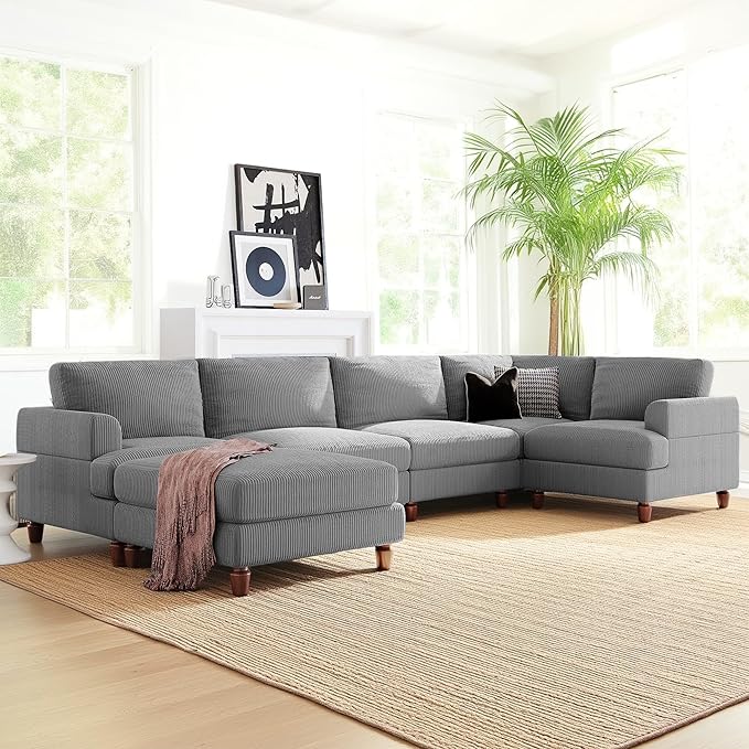 97.2 Inch L Shaped Modular Sectional Sofa with Movable Ottoman, 6-Seater Oversized Upholstered Combination Corner Couch for Living Room Office Spacious Space Furniture Sets, Gray