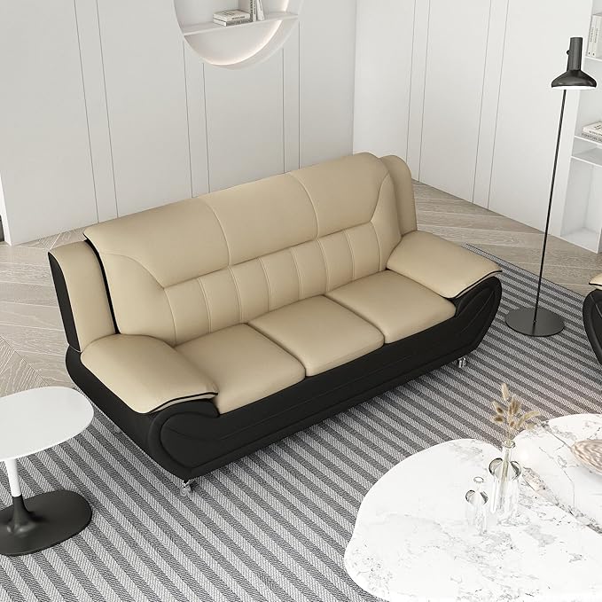 Container Furniture Direct Michael Modern Faux Leather Upholstered Stainless Steel Legs Living Room Sofa, Black Camel