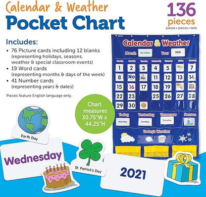 Learning Resources Calendar & Weather Pocket Chart - Classroom Must Haves, Teacher Supplies, Back To School, Daily Routine For Kids, Kindergarten and Homeschool Essentials, Vocabulary Flash Cards
