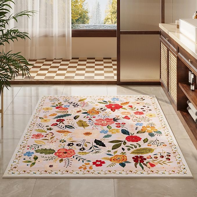 Rugcomf Area Rug 4x6 Rug Washable Boho Rugs Non Slip Low Pile Floral Small Carpet for Bedroom, Bedside, Kids Room, Office, Dining Room(Beige)