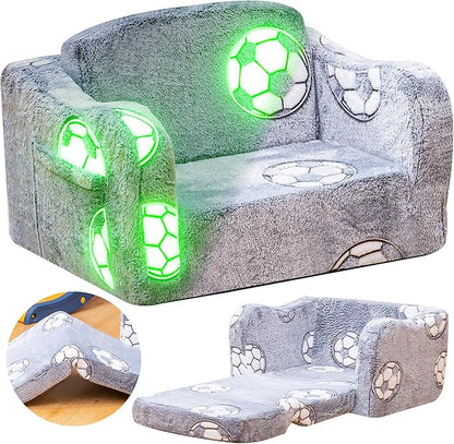 Lamerge 2-in-1 Toddler Couch,Glow in The Dark Baby Floor Bed,Foldable Toddler Chair Kids Sofa for playroom,Convertible Sofa to Lounger for Girls and Boys (Grey and Football)