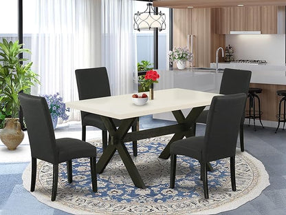 East West Furniture X626DR124-5 5 Piece Dining Room Furniture Set Includes a Rectangle Dining Table with X-Legs and 4 Black Color Linen Fabric Upholstered Chairs, 36x60 Inch, Multi-Color