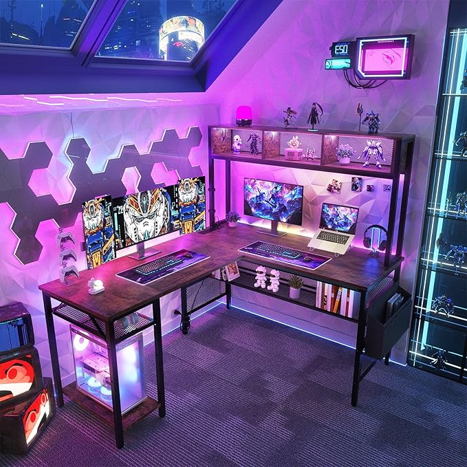 Unikito L Shaped Computer Desk with LED Strip and Power Outlets, Reversible L-Shaped Corner Desk with Storage Shelves and Bag, Rustic Brown