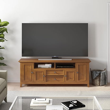 SIMPLIHOME Amherst 72-inch Wide Solid Wood TV Stand in Light Golden Brown, Transitional-Style Media Console for Living Room with Cable Management and Adjustable Shelves, Fits 80" TVs