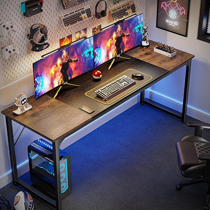 Huuger Computer Desk, 70 Inch Office Desk, Gaming Desk with Storage, Writing Desk Work Desk for Home Office, Study, Long Simple Desk, Large Legroom, Metal Frame, Rustic Brown and Black