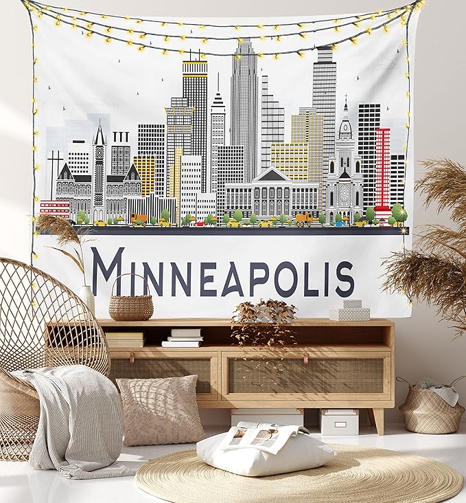 Ambesonne Minnesota Tapestry, Elevation of a Street in Minneapolis Image with High Detailed Facades, Fabric Wall Hanging Decor for Bedroom Living Room Dorm, 30" X 45", White Grey