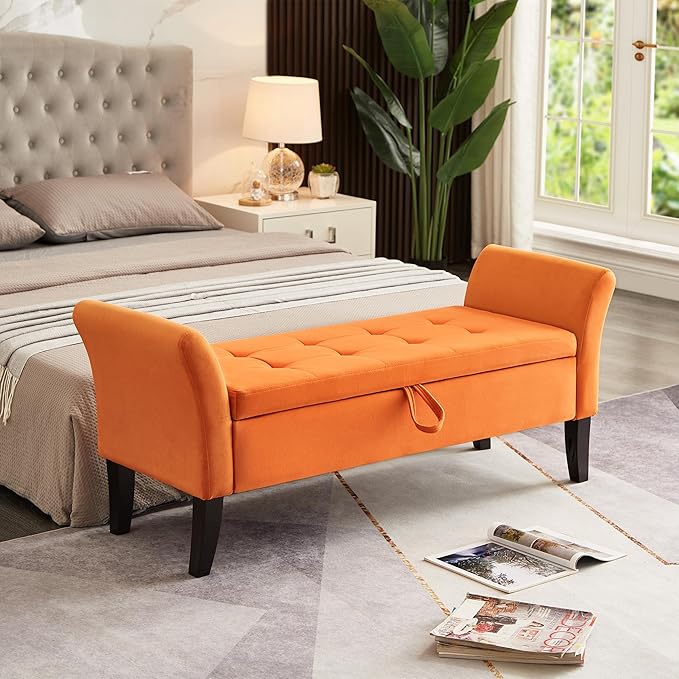 Furniliving 51 Inch Storage Bench for Living Room, Upholstered Bench Ottoman with Velvet Fabric, Modern Entryway Bench with Woodern Legs for Bedroom, Living Room, Shoe Storage & Seating, Orange