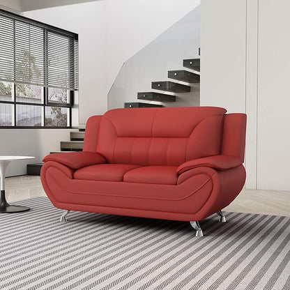 Container Furniture Direct Michael Modern Faux Leather Upholstered Stainless Steel Legs Living Room Sofa, Loveseat, Red