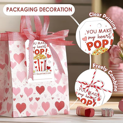 You Make My Heart Pop Valentines Gift Tags, 50 Pcs Valentine Tags with String, Valentines Day Thank You Gift Label for Bags School Classroom Party Favors