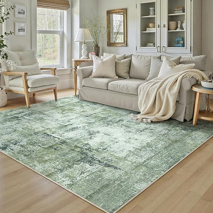 6x9 Washable Area Rug Dark Green Modern Neutral Abstract Living Room Bedroom Indoor Floor Carpet Low Pile Soft Non-Slip Lightweight Vacuumable Throw Rug for Nursery Dining Room Office