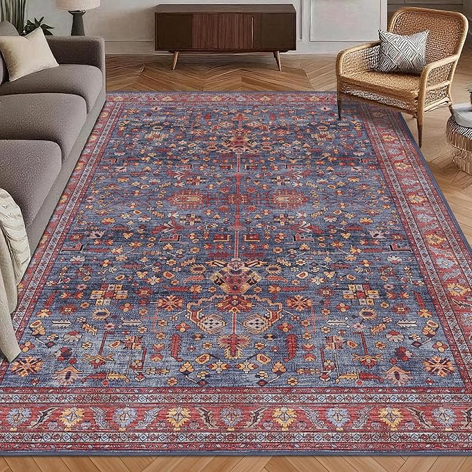 Washable Area Rug 5' x 7' Vintage Traditional Persian Mat - Foldable Distressed Non-Slip Machine Washable Carpet for Living Room Bedroom Kitchen Home Decor - Indigo and Crimson