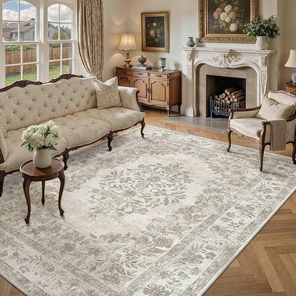 7x9 Area Rug Beige Washable Vintage Distressed Living Room Carpet Large Bedroom Indoor Medallion Floral Non Slip Retro Throw Floor Mat for Office Dining Room Kitchen Bathroom