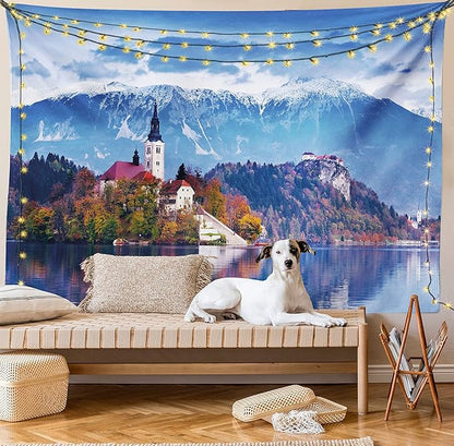 Ambesonne Landscape Tapestry Twin Size, Photo of Bled in Slovenia with Lake Snowy Mountains and a Castle Pastoral Scenery, Wall Hanging Bedspread Bed Cover Wall Decor, 68" X 88", Blue Lavender