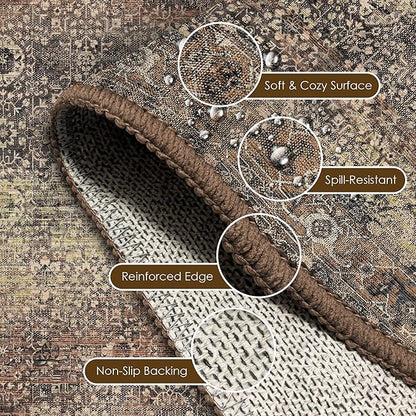 Washable Area Rug 9' x 12' Vintage Traditional Persian Mat - Foldable Distressed Non-Slip Machine Washable Carpet for Living Room Bedroom Kitchen Home Decor - Umber and Slate