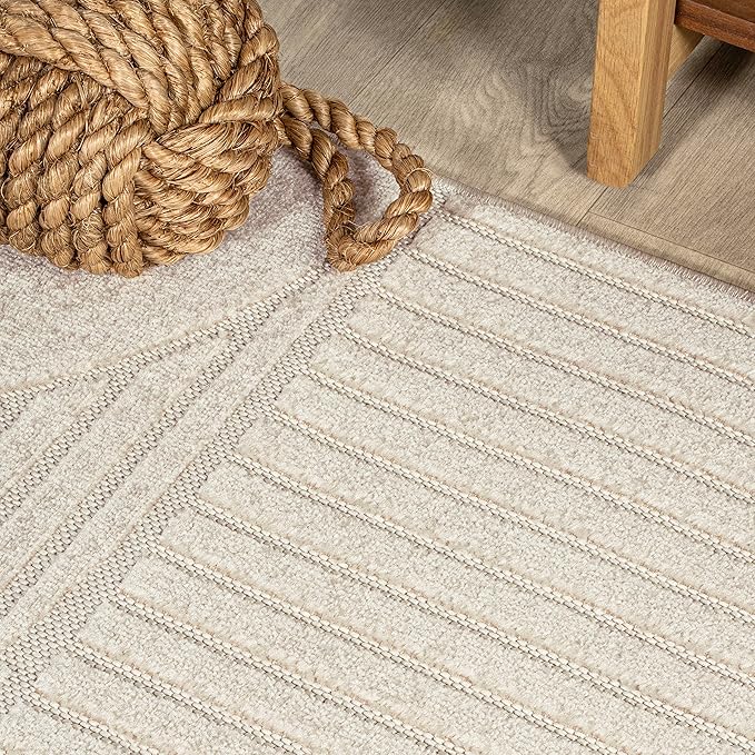 JONATHAN Y Nordby High-Low Arch Striped Ivory/Cream 7' Round Indoor/Outdoor Area Rug, Pet Friendly, Non-Shedding, Stain Resistant, Easy-Cleaning for Backyard, Patio, (SCN104B-7R)