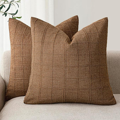Foindtower Set of 2 Decorative Linen Check Throw Pillow Covers Neutral Farmhouse Vintage Cushion Covers Modern Boho Home Decor for Sofa Chair Couch Bedroom Living Room Outdoor,20×20 Inch,Brown Hazel