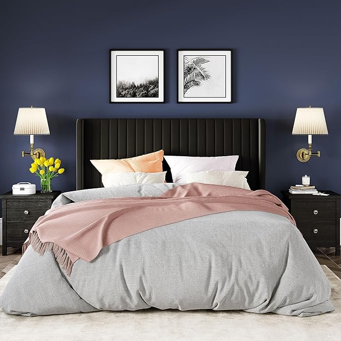 Allewie Queen Size Velvet Bed Frame/Vertical Channel Tufted Wingback Headboard/Upholstered Platform Bed/Strong Wooden Slats/No Box Spring Needed/Easy Assembly/Black