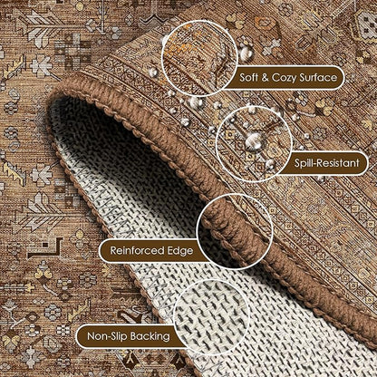 Washable Area Rug 3' x 5 ' Vintage Traditional Persian Mat - Foldable Distressed Non-Slip Machine Washable Carpet for Living Room Bedroom Kitchen Home Decor - Bronze and Ivory