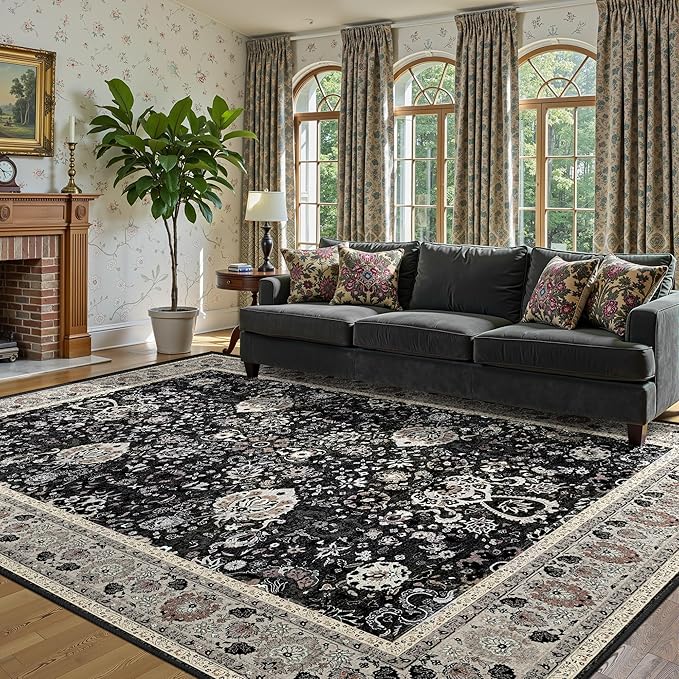 Blcak 8x10 Vintage Rugs for Living Room, Washable Rugs Non Slip Large Area Rug for Bedroom Dining Room Office, Floor Decoration Big Rug Carpet Low-Pile Kid & Pet Friendly(Blcak Navy Multi