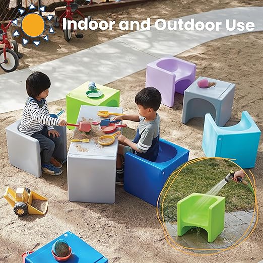 ECR4Kids Tri-Me Table and Cube Chair Set, Multipurpose Furniture, Lime Green, 3-Piece